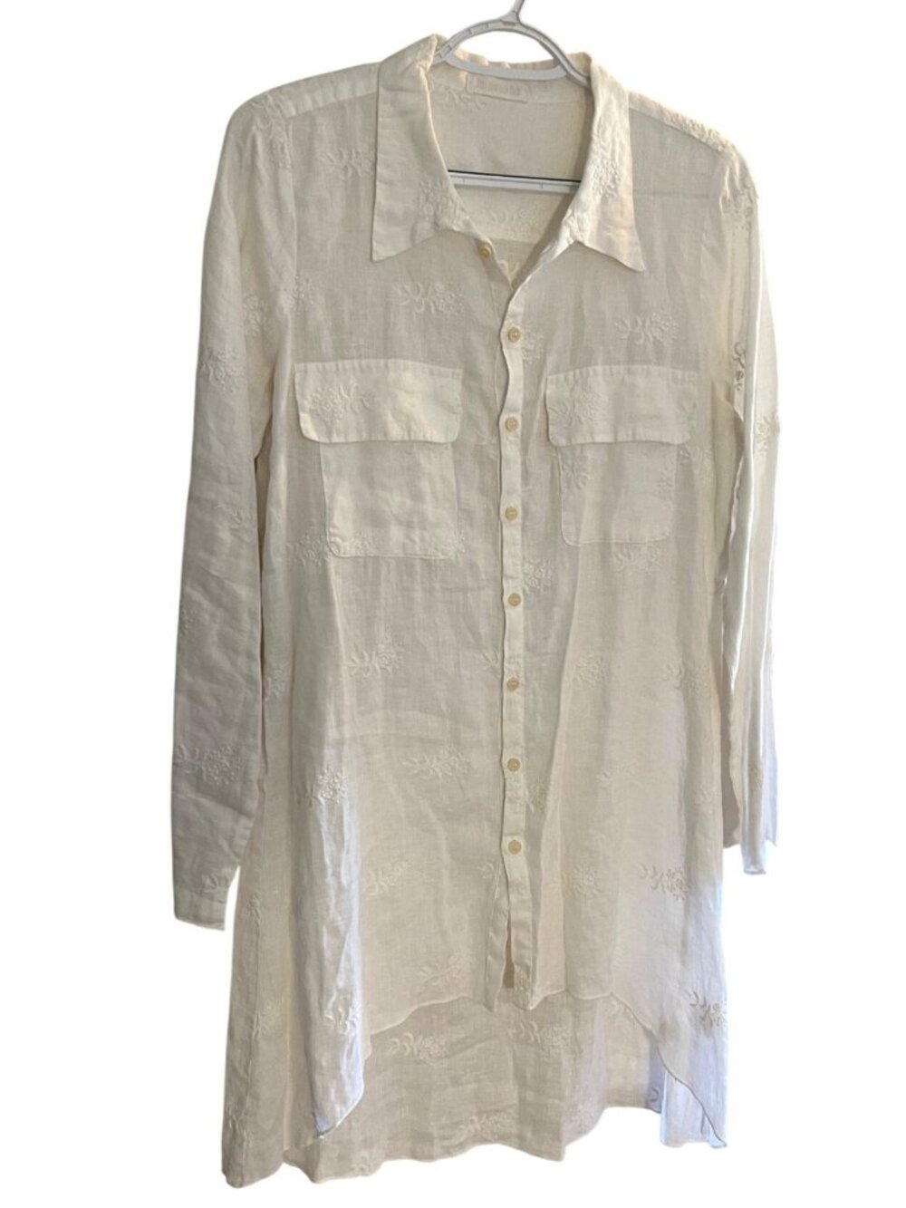 CP Shades White Embroidered 100% Linen  button-down tunic Shirt Dress Small USA